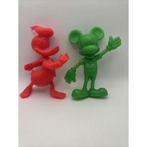 Vtg Louis Marx 5.5" Plastic Green Mickey Mouse & Red Donald Duck Figures, Disney